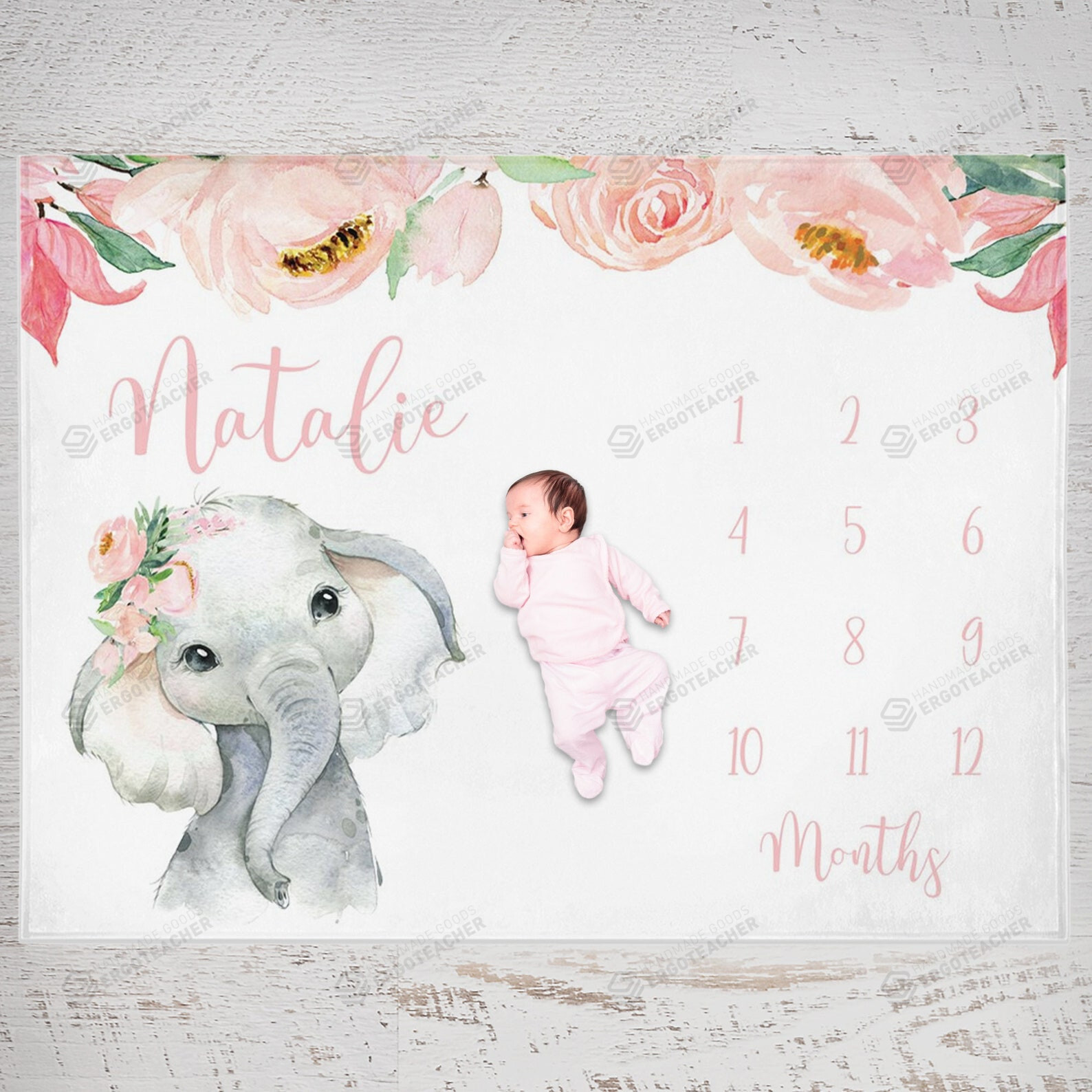 Personalized Elephant Monthly Milestone Blanket, Floral Newborn Blanket, Baby Shower Gift Watch Me Grow Monthly