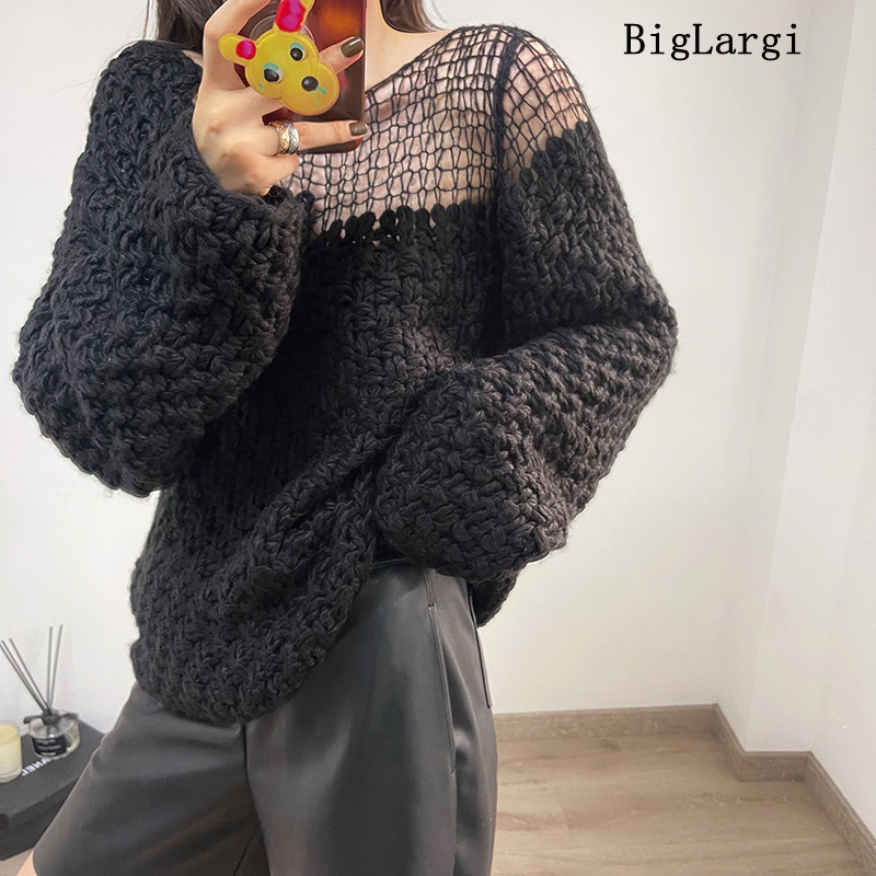 Autumn Winter Knitted Sweater Women Top Korean Loose Lazy Oaf Hollow Strapless Laides Sweaters Long Sleeve Pullover 2022 Jumper alx