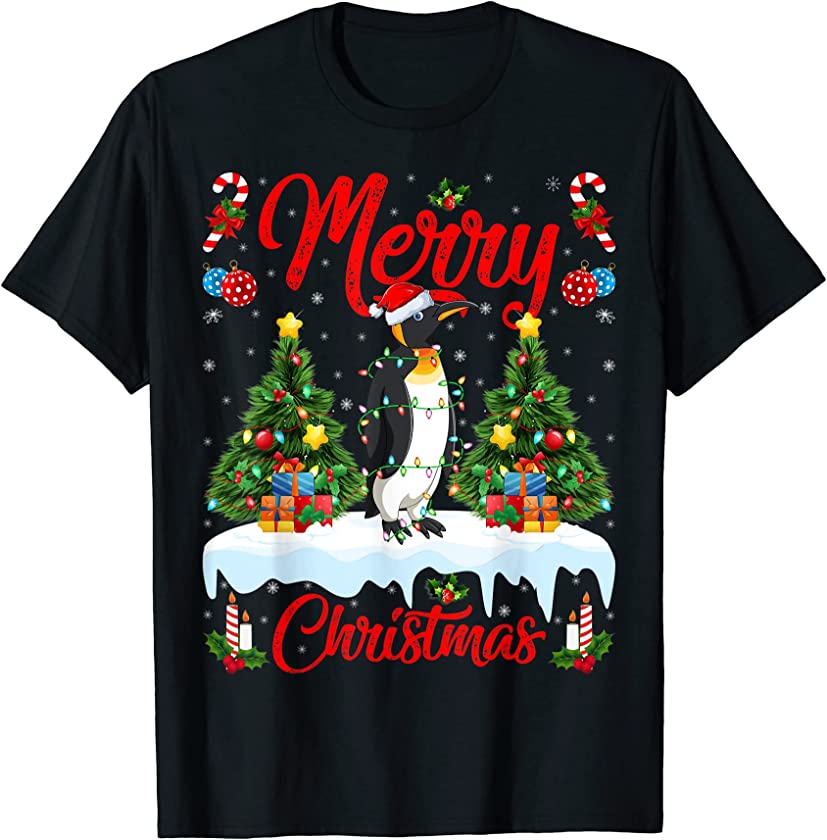 Penguin Lights Xmas Tree Santa Emperor Penguin Christmas T-Shirt