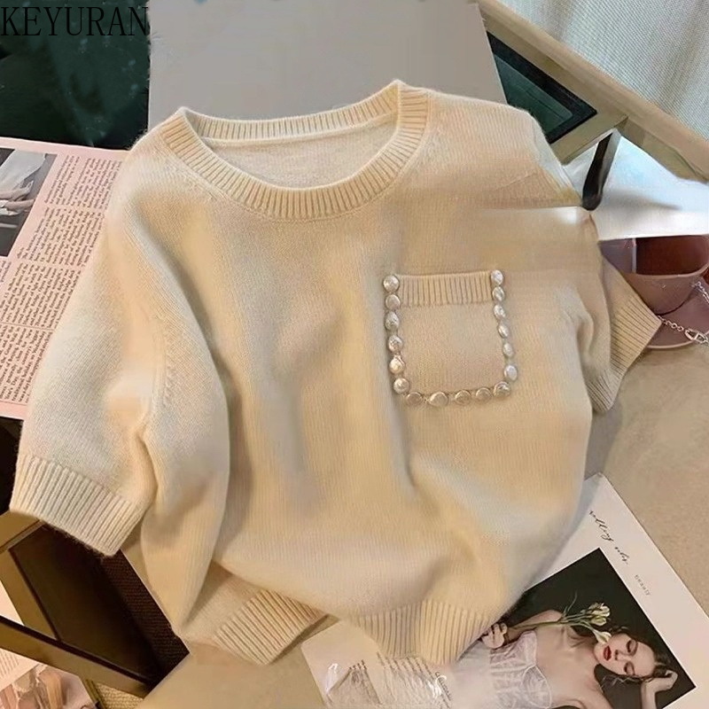 2022 Spring Summer Pocket Short Sleeve Knitted Sweaters Women Jumpers Korean Chic Causal O-neck Pullover Knitwear Tops Female alx