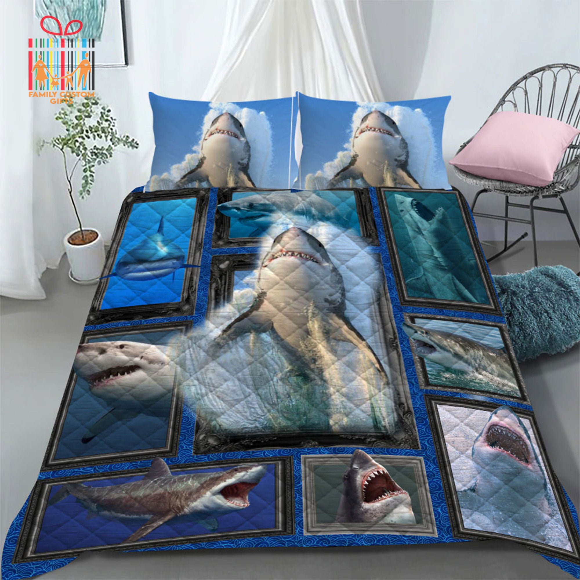 Custom Quilt Sets For Kids Teens Adult 3D Animal Shark Personalized Quilt Bedding