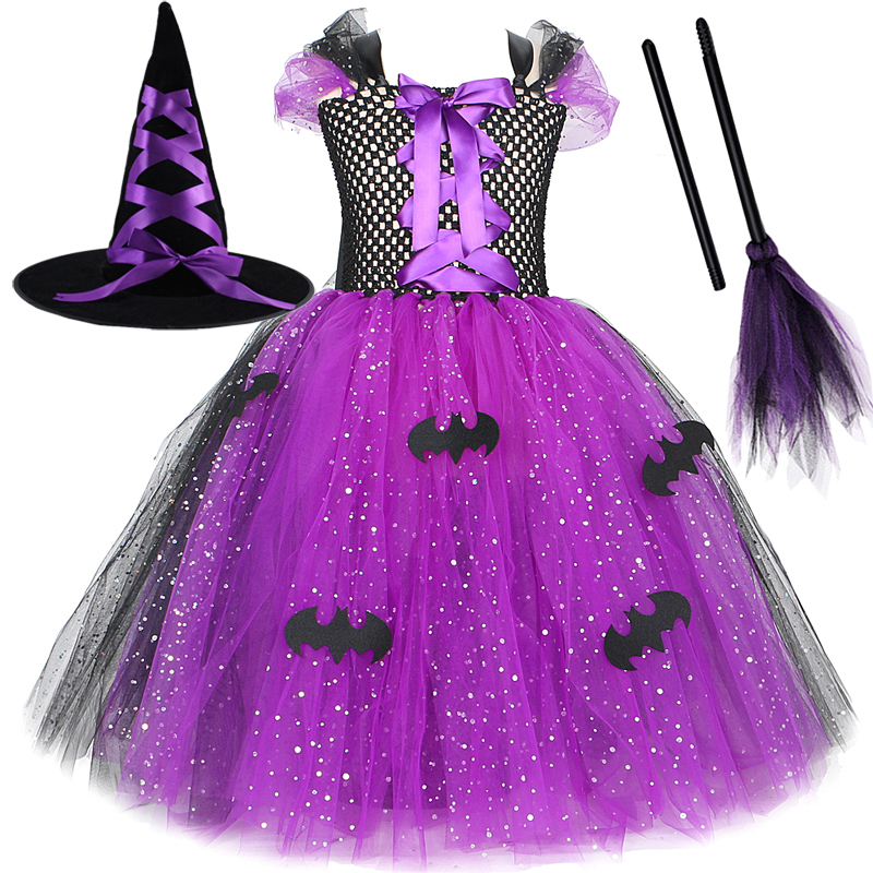 Sparkly Witch Halloween Costumes for Girls Purple Black Bat Long Tutu Dress for Kids Carnival Cosplay Outfit with Broom Hat alx