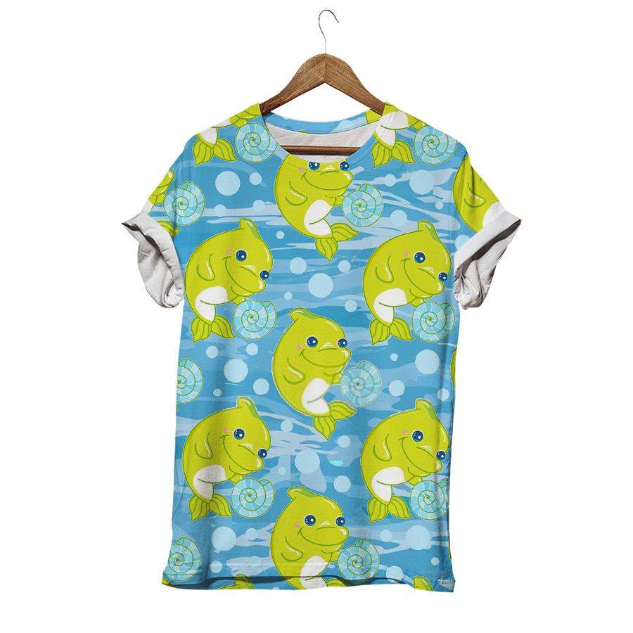 Kawaii Magic Green Baby Dolphin With Seashell And Water Bubbles Fish T-shirt