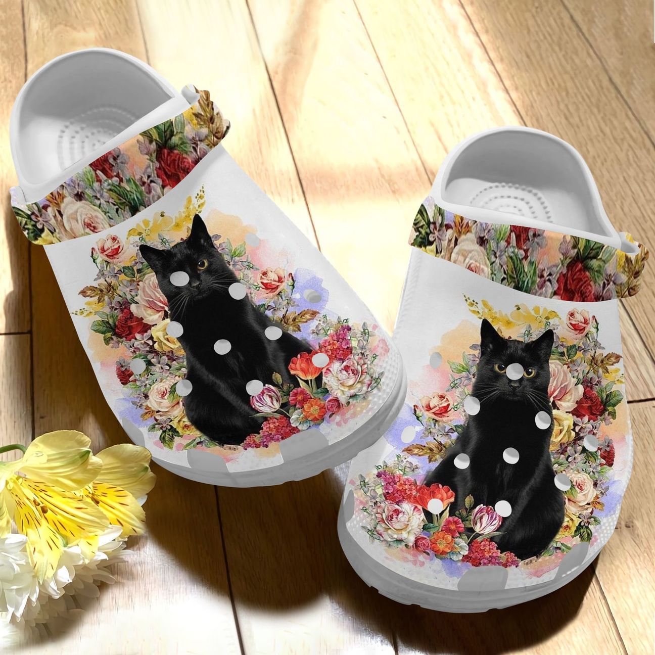 Black Cat Personalized Clog, Custom Name, Text Flower Black Cat, Fashion Style For Women, Men, Kid, Print 3D