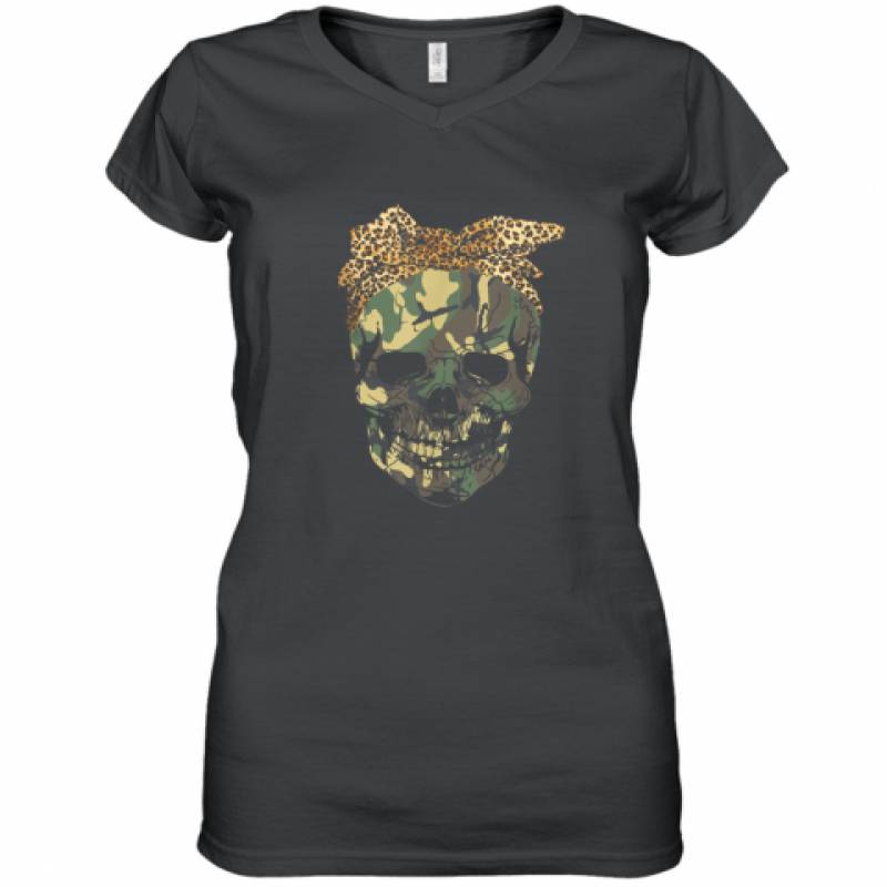 Camouflage Skull with Leopard Bandana Bow shirt Women's V-Neck T-Shirt