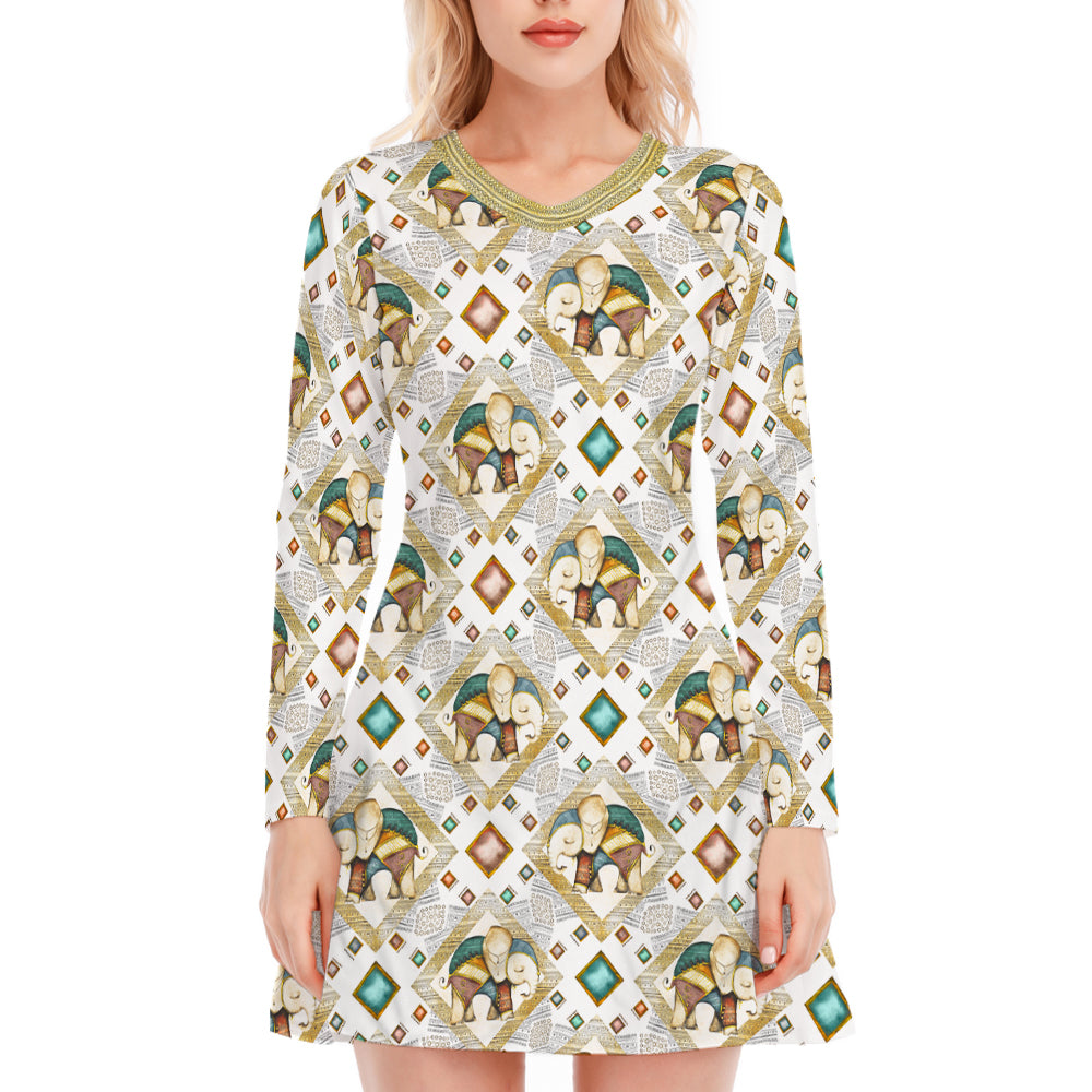 Indian Elephant Pattern V-Neck Long Sleeve Dress