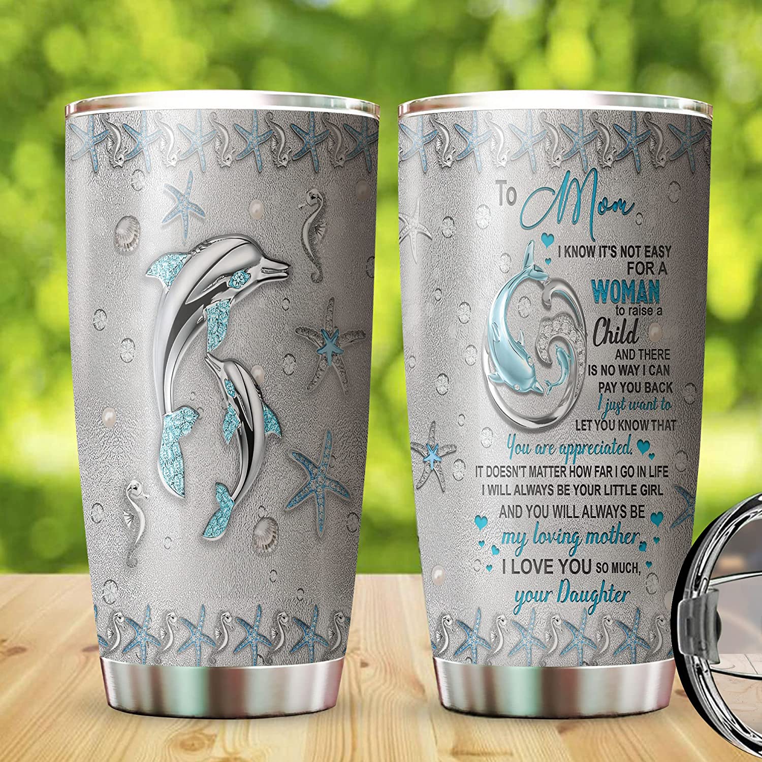 20Oz Mother And Daughter Dolphin Tumbler, To Mom I Love You Tumbler, Dolphin Jewelry Tumbler, Gift For Mom