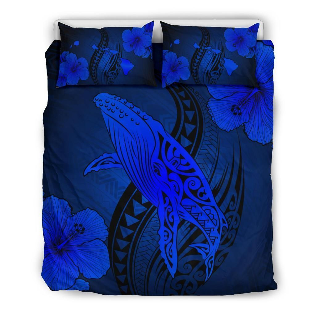 Alohawaii Bedding Set – Cover And Pillow Cases Hawaiian Map Whale Swim Hibiscus Polynesian – Blue – Ah J9