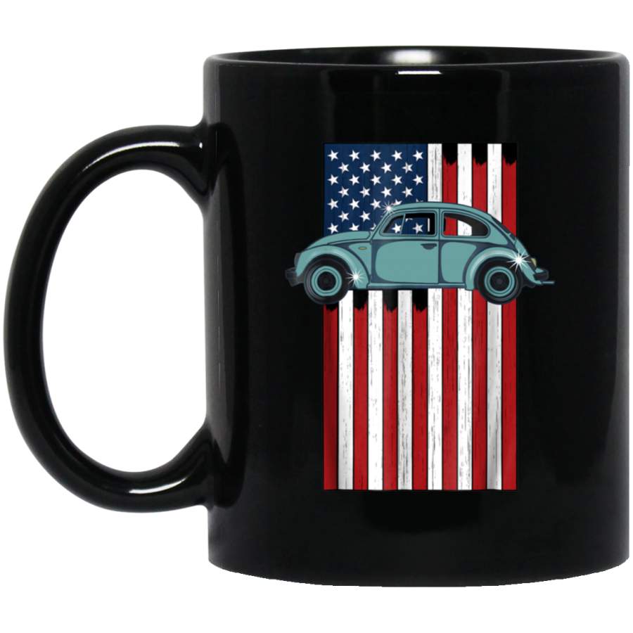 Vintage Hippie Retro Punch Bug Beetle Car USA Flag Black Mug