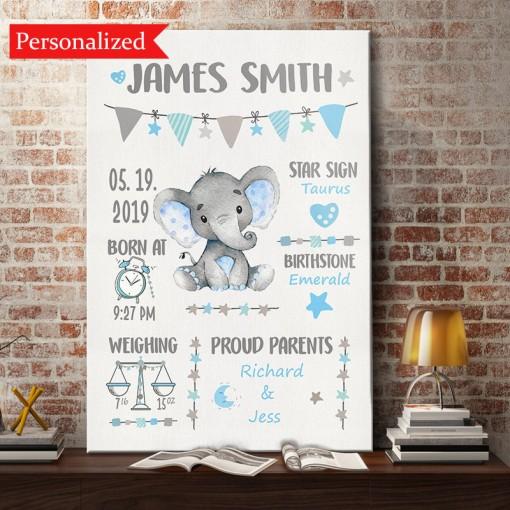 Personalized Nursery Elephant Premium Wall Art Canvas And Poster, Wall Decor, Canvas Instructure