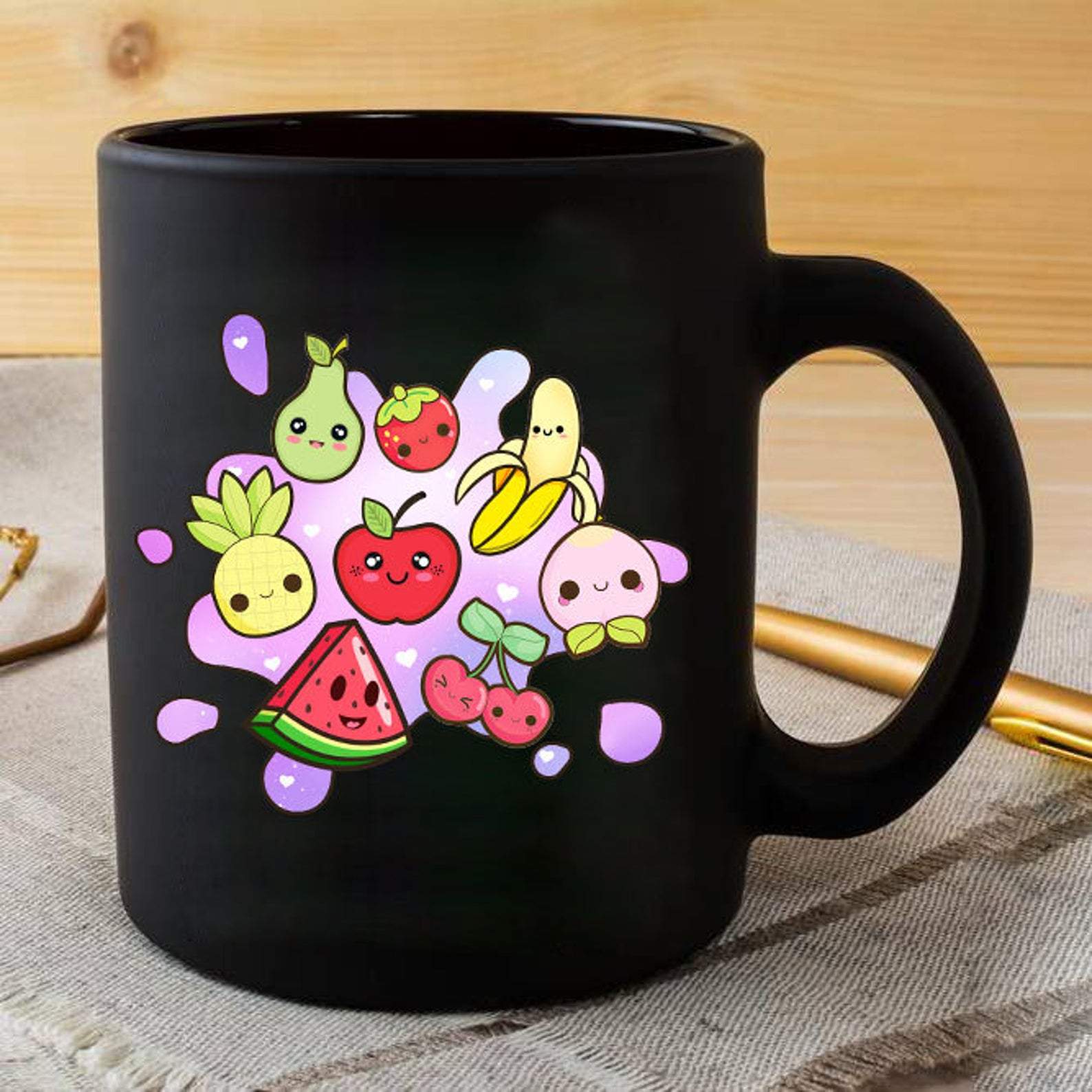 Cute – Kawaii Fruits Ceramic / Fruit Lover Gift – Adorable Pastel Kittens Anime Mug Black Ceramic 11-15Oz Coffee Tea Cup