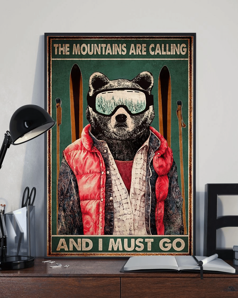 Bear Skiing Poster Canvas – Mountains Are Calling And I Must Go Vintage Home Decor Wall Art Evg81662