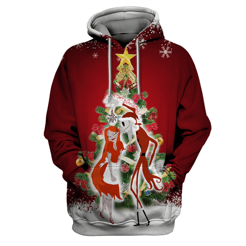 Unifinz Nightmare Before Christmas Shirt Jack Skellington And Sally Under Christmas Tree Red Hoodie Nightmare Before Christmas Hoodie 2022 The Pumpkin King Of Rughing