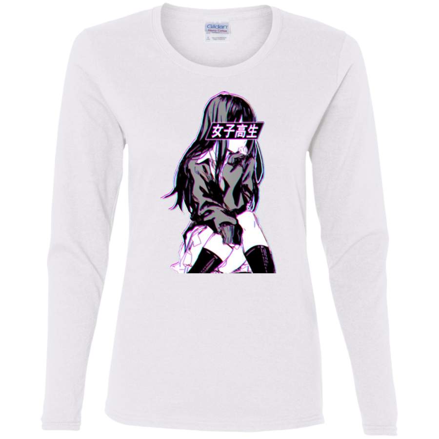 AGR SCHOOLGIRL (Glitch) – Sad Japanese Anime Aesthetic Ladies’ Cotton LS T-Shirt