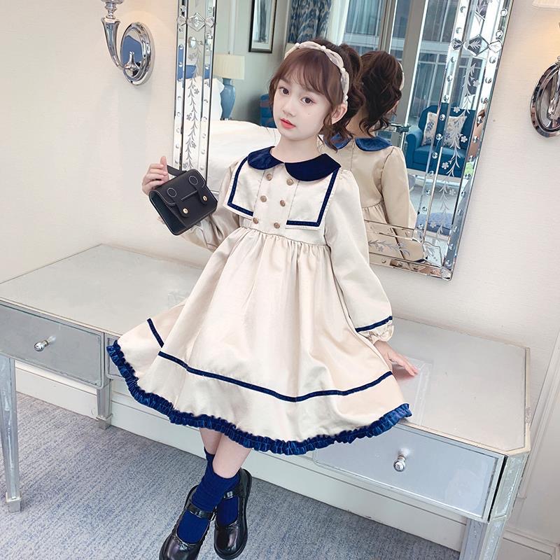 2021 Girls Party Dress Spring Autumn Long Sleeve New Fashion White Navy Style Dresses For Girls Princess Kids Costumes 4-14Y alx