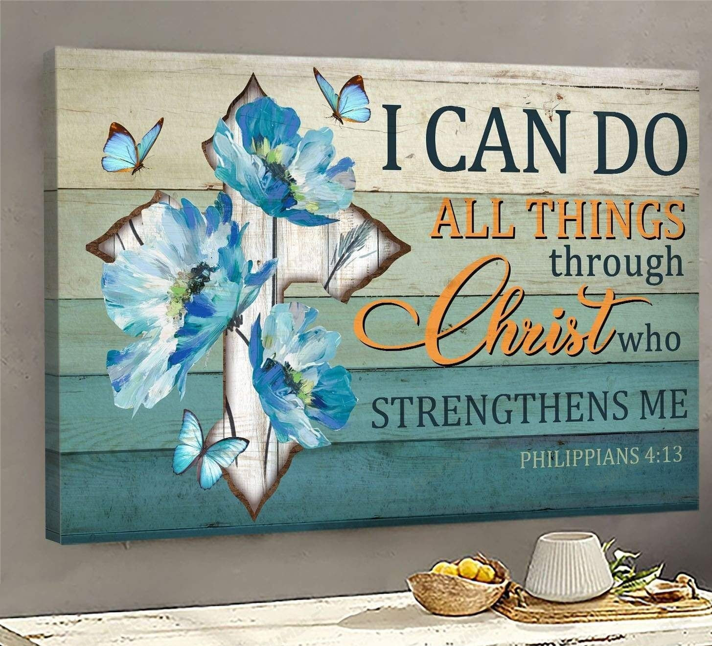 Cross Wood Poster – Christ Who Strengthens Me Canvas Home Decoration Christmas Gifts For Women Girl Grandma Mother Daughter