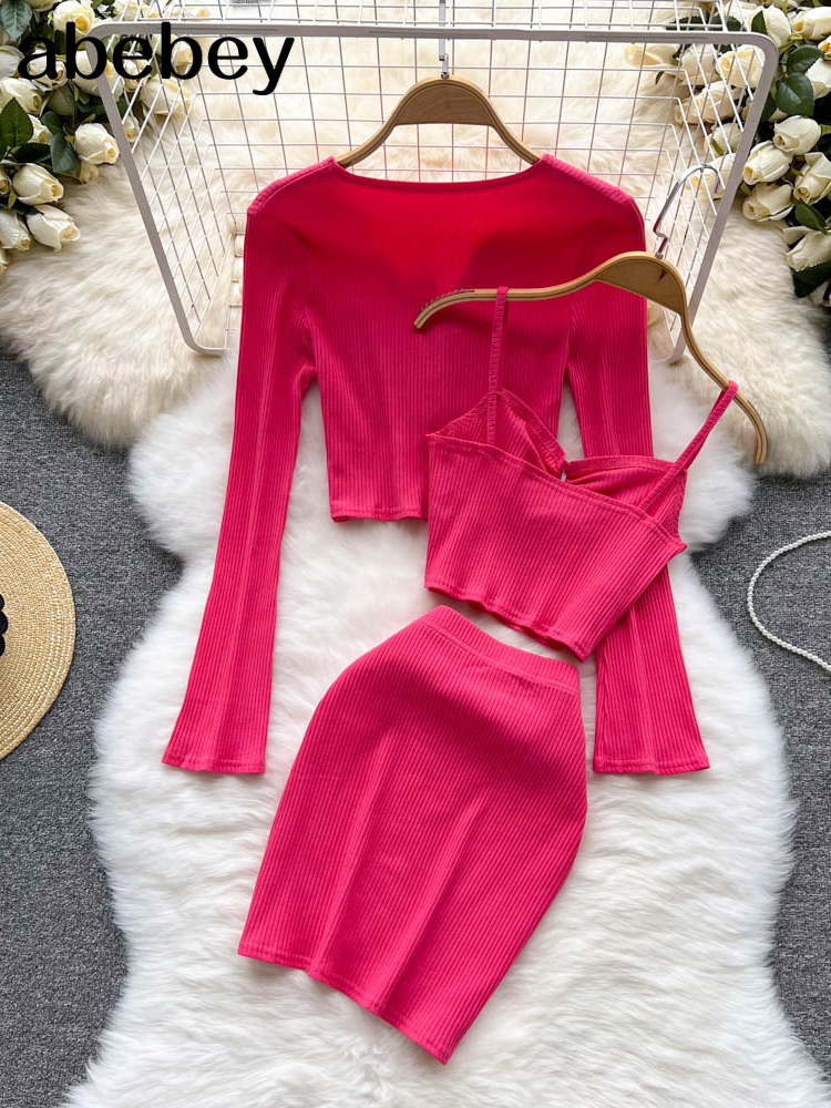 Sweet Women Three-Piece Set SOlid Pink Summer Cardigan Sweater Short Strape Camis Two Piece Set + Bodycon Mini Skirt alx