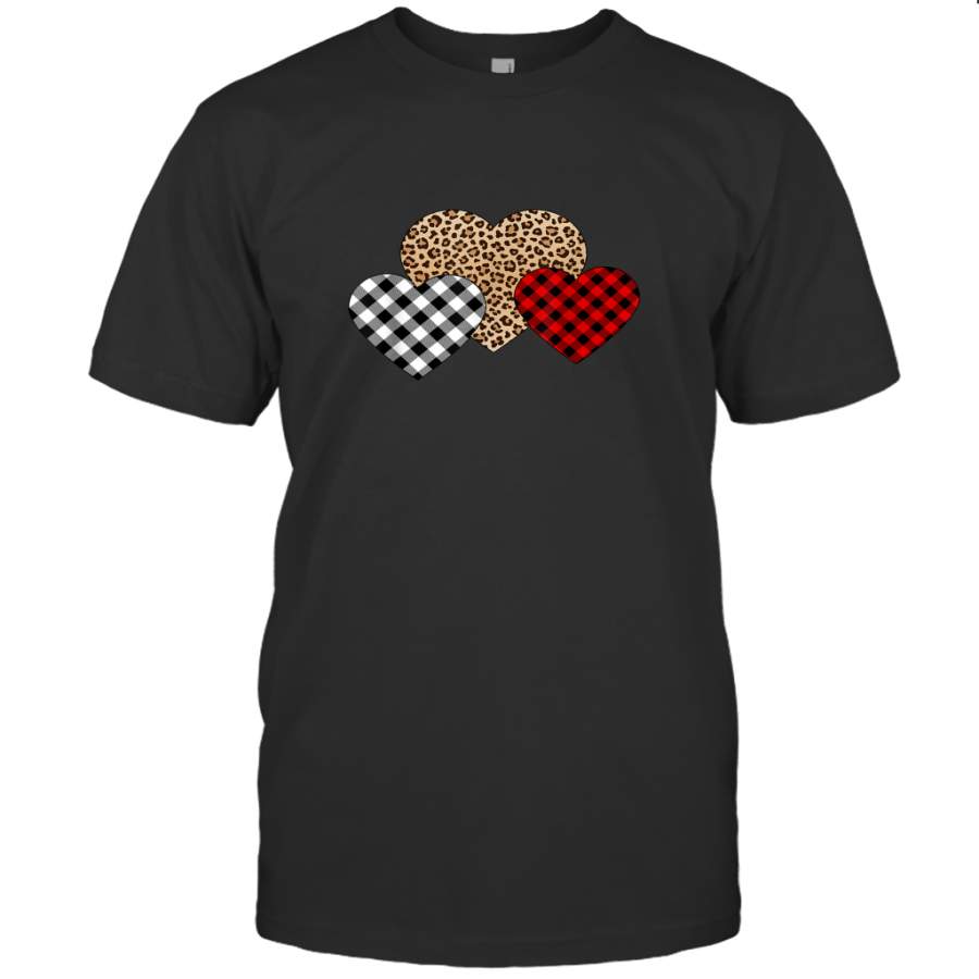 Valentine Three Hearts Leopard Buffalo Plaid Valentine s Day T shirt