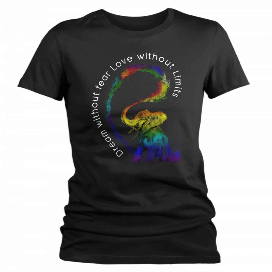 Women’s LGBT T Shirt Dream Without Fear Shirt Love Without Limits Shirts Inspirational LGBT Shirts Elephant Rainbow Shirt