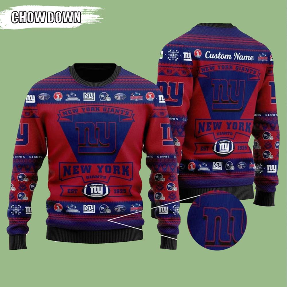 Football Team Logo Custom Name Personalized New York Giants Gift For Fan Ugly Wool Sweater Christmas