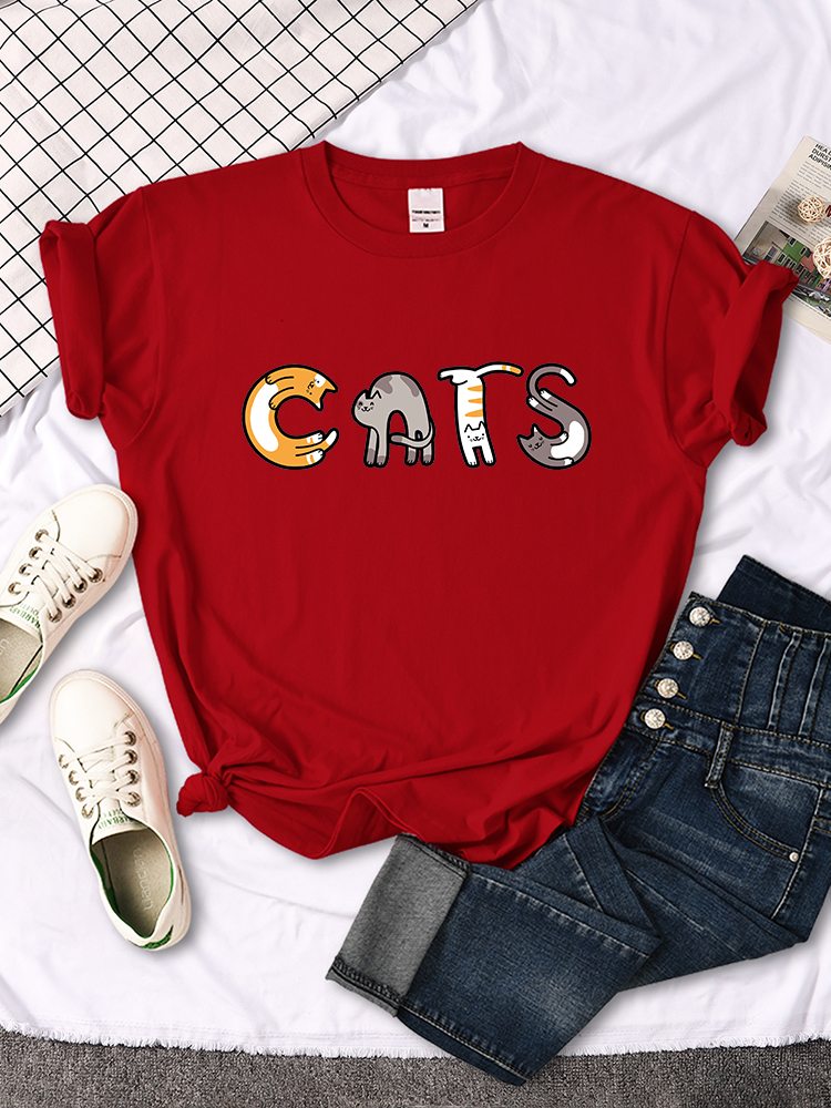 Woman T-Shirt Cats Become Letters Printed T Shirts Women Round Neck Casual oversize Tops Hip-Hop Soft Kawaii Animal Female Tops alx