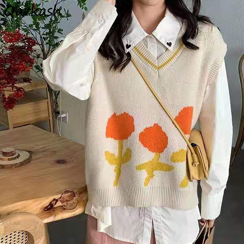 Women Floral Sweater Vests Lovely Knitted Loose Leisure Comfort Teenagers All-match Sweet Korean Style Fashion Females Jumpers alx