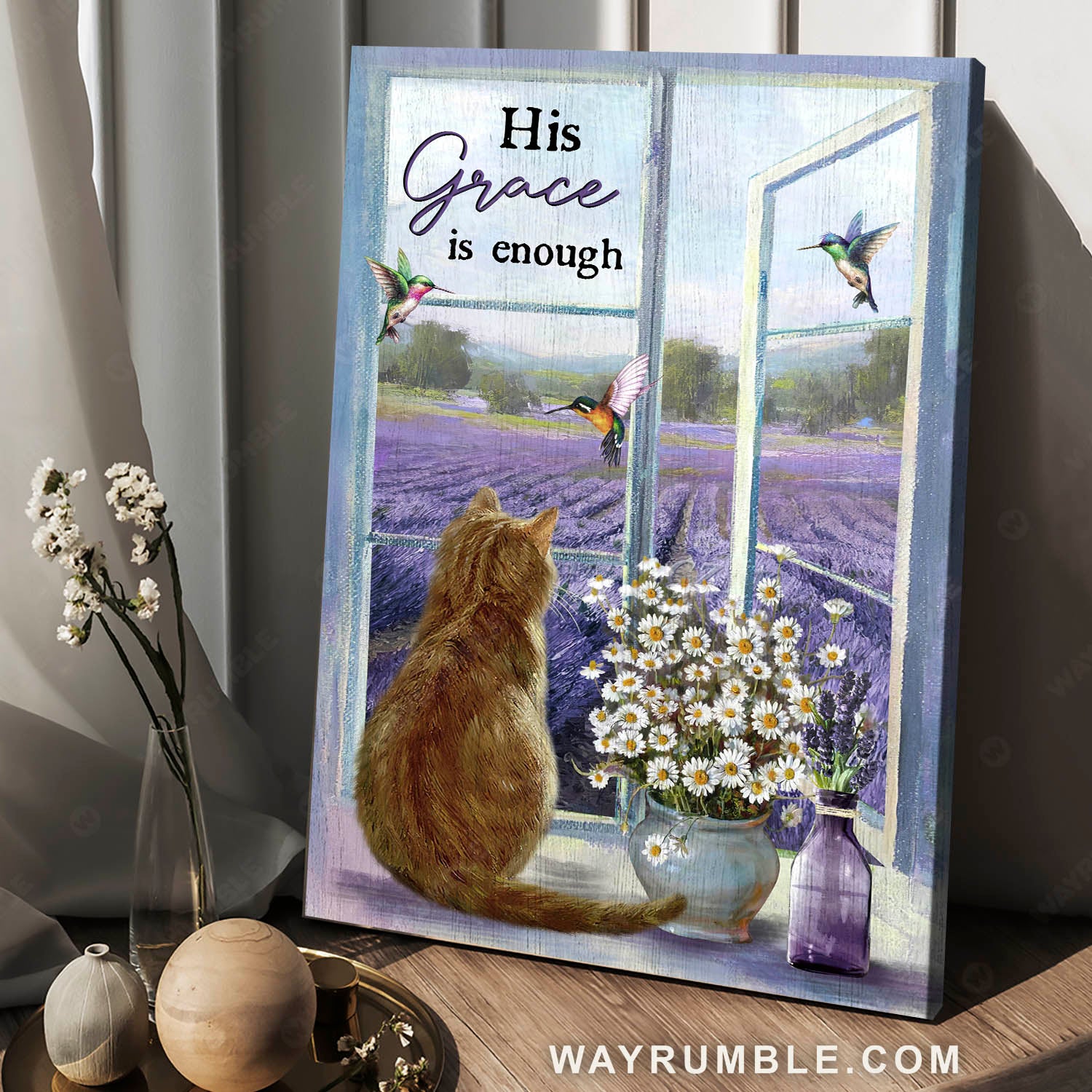 Orange Tabby Kitten, Lavender Farm, White Daisy, His Grace Is Enough – Jesus Portrait Canvas Prints, Christian Wall Art