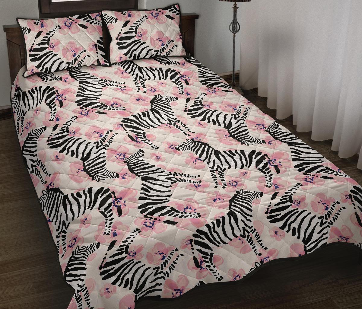 Zebra pink flower background Quilt Bed Set