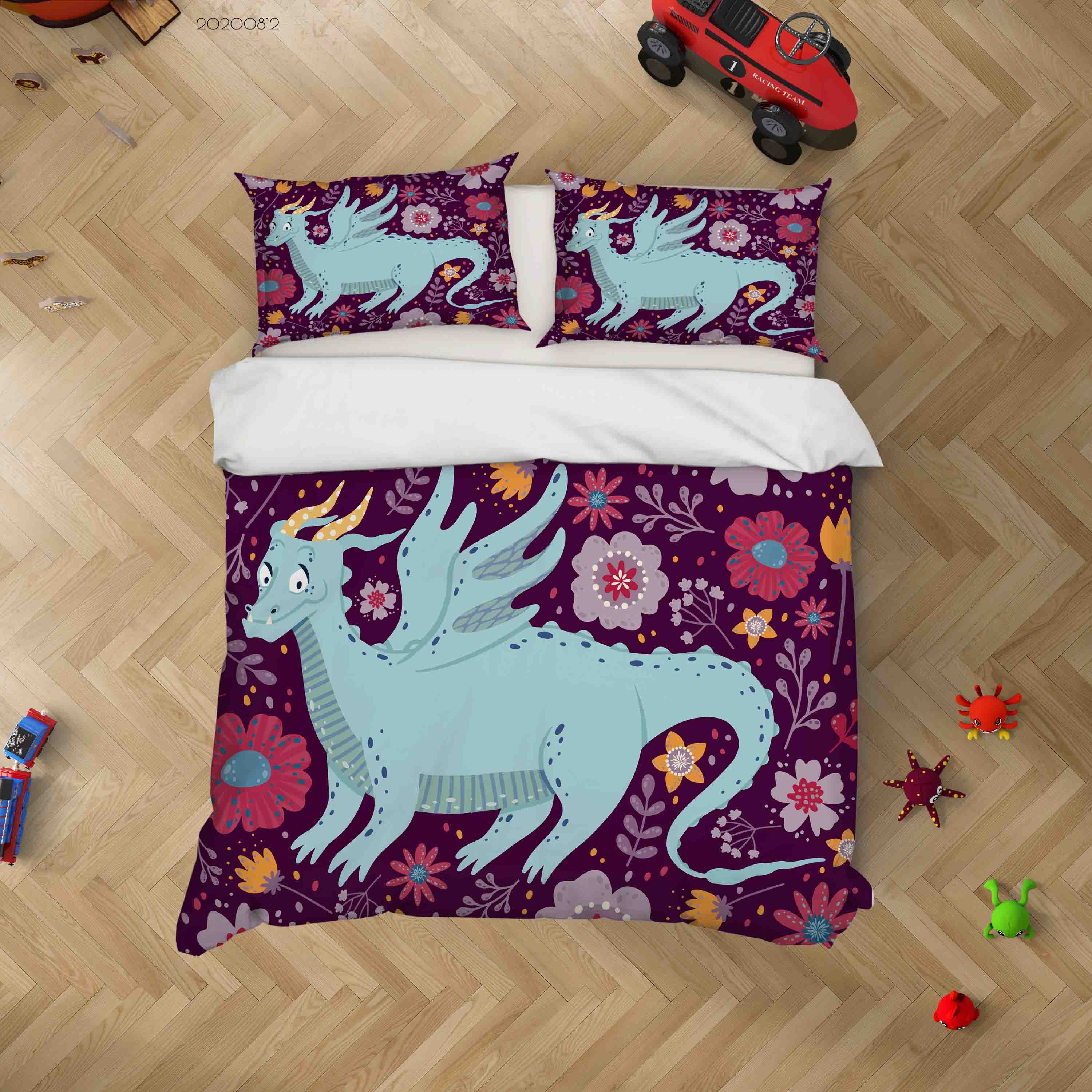 3D Hand Drawn Floral Dragon Animal Quilt Cover Set Bedding Set Duvet Cover Pillowcases Lxl