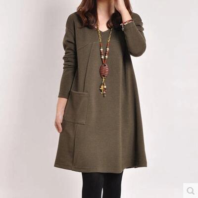 Women Elegant Winter Party Dress Long Sleeve Pockets Skirt V Collar Loose Casual Clothing Knee Length A Line Dresses alx