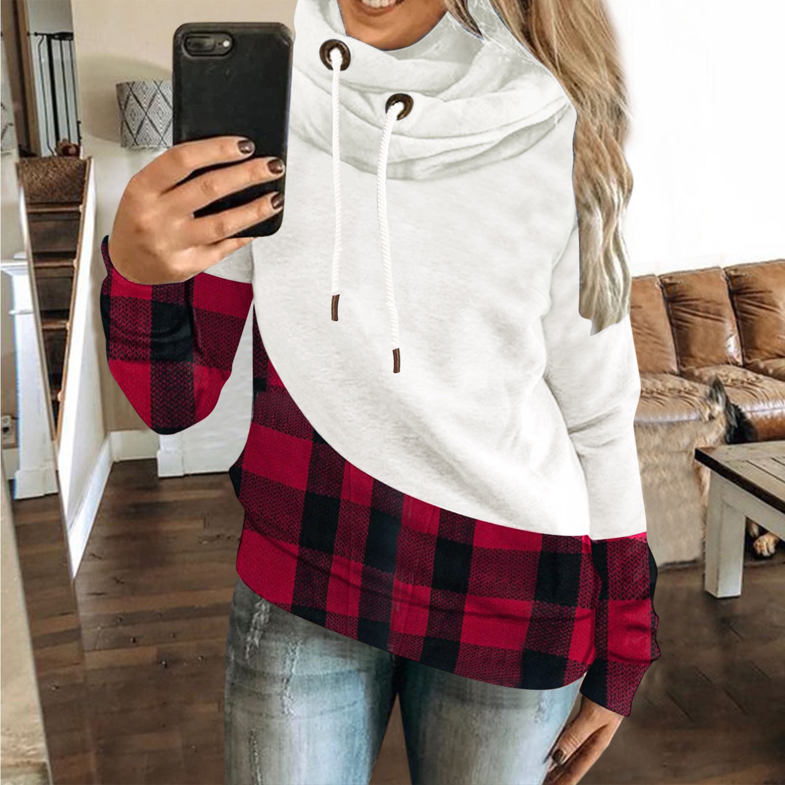 Women Casual Solid Contrast Long Sleeve Hoodie Sweatshirt Tops Hoodies Him Top with Pocket alx