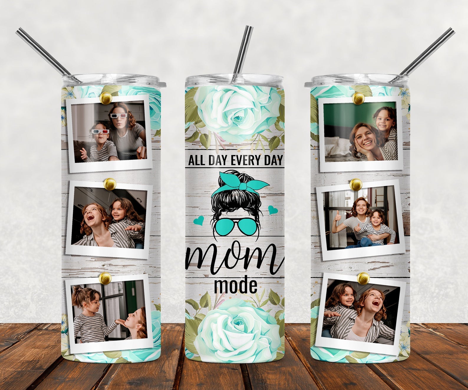 All Day Every Day Mom Personalized Photo 20Oz Skinny Tumbler, Gift For Mom Family Photo Tumbler, 6 Pictures Custom Skinny Tumbler