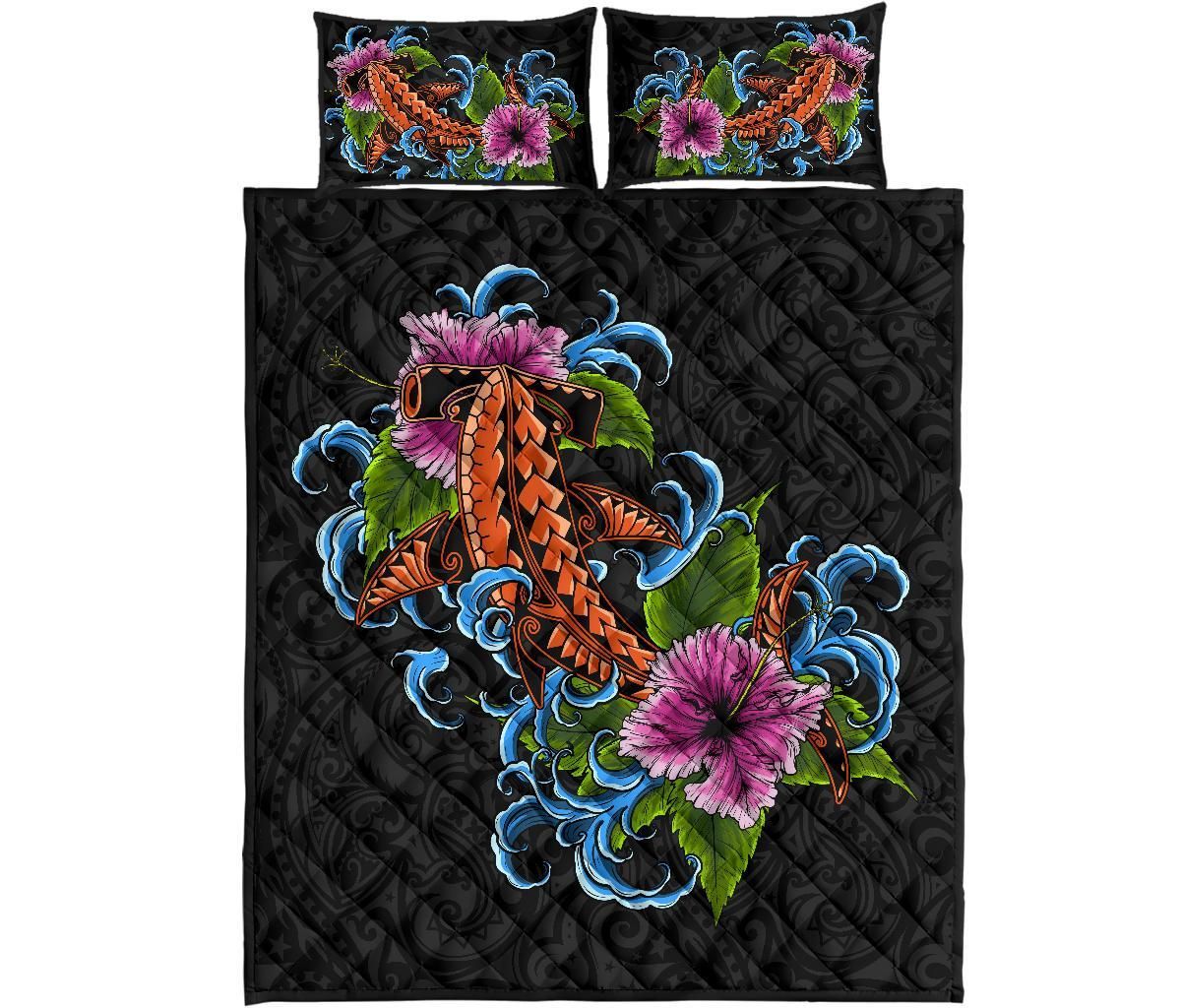 Alohawaii Home Set – Quilt Bed Set Hawaii – Polynesian Shark Hibiscus – Bn11