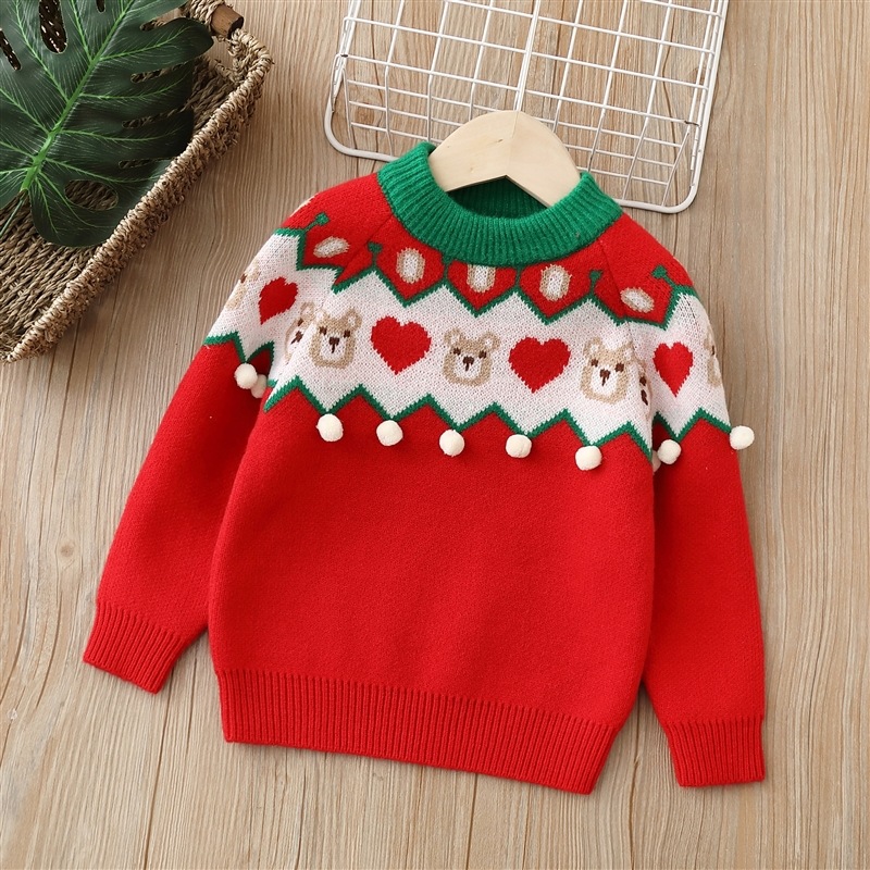 Children’s Sweater Red 1-6 Years Christmas Velvet Thickened Boys and Girls Cartoon Birthday Knitted Bottoming Shirt alx