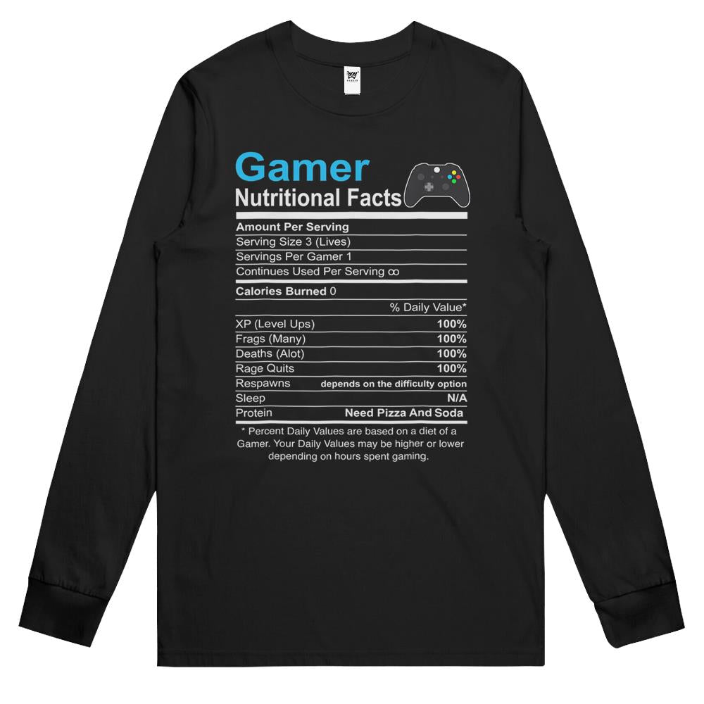 Nutritional Facts Shirt, Gamer Nutrition Facts Shirt, Blue Gamer Nutrition Facts Video Game Funny Shirts Long Sleeve T Shirts