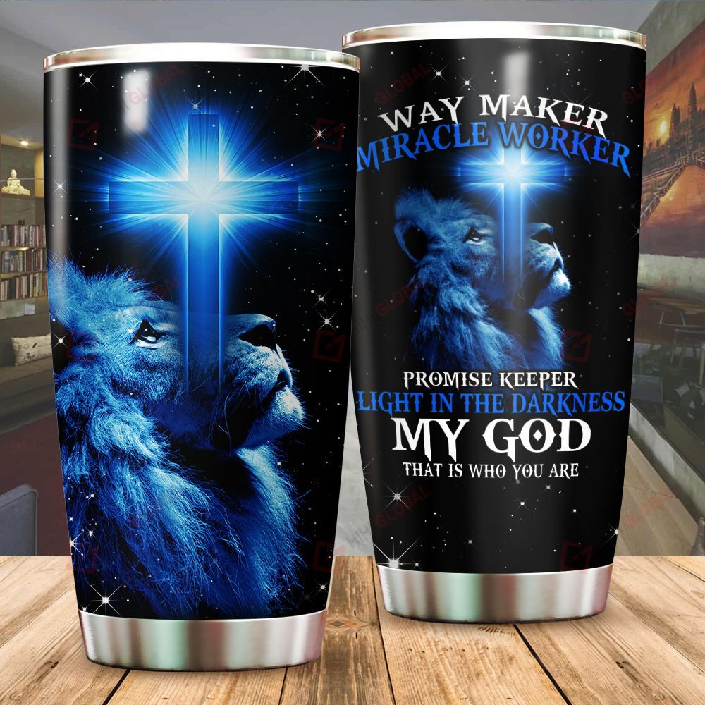 A 1 Way Maker Miracle Worker Promise Keeper Light In The Darkness Blue Lion Tumbler All Over Printed Shirts 040803