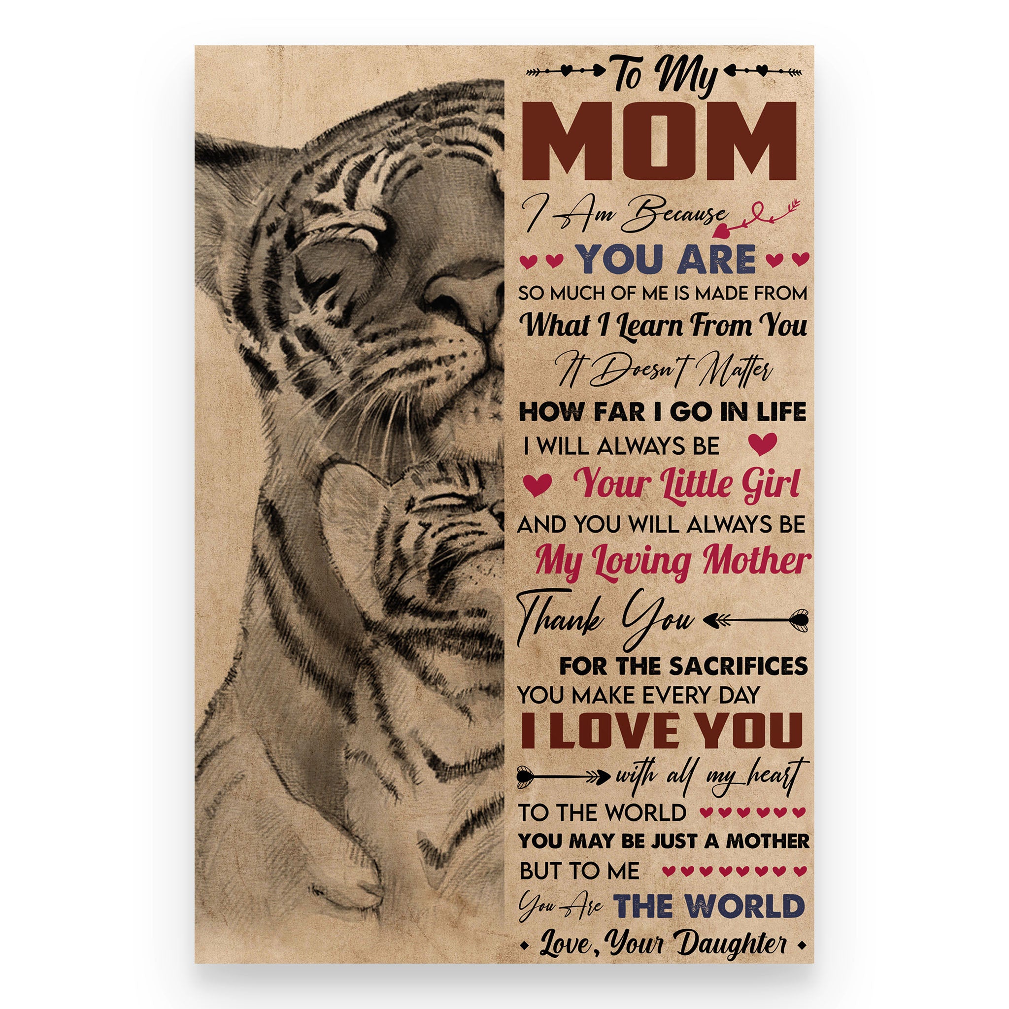 To My Mom From Daughter, Tiger – It Doesn’t Matter How Far I Go In Life Unframed , Wrapped Frame Canvas Wall Decor – Frame Not Include, Gift For Mom, Mother’s Day Gift Poster