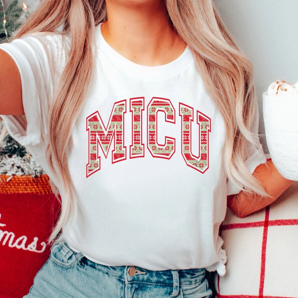 MICU Nurse Christmas T-Shirt | Medical ICU RN Xmas Letterman Crew Neck Shirt, Winter Holiday Varsity Critical Care Shirt Secret Santa Gift