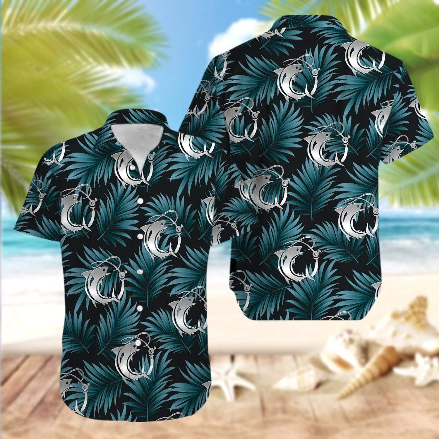 Fishing Hawaii Shirt Fish Hook Pattern Tropical Aloha Black Ha1174