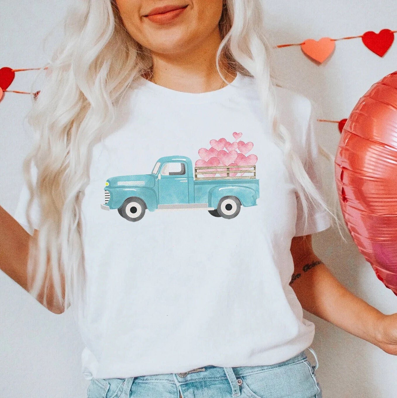 Retro Truck with Valentines Heart T-shirt, Valentine Tee, Valentine Truck, Valentine Pajamas, Vintage Blue Truck Valentine Shirts, vday gift