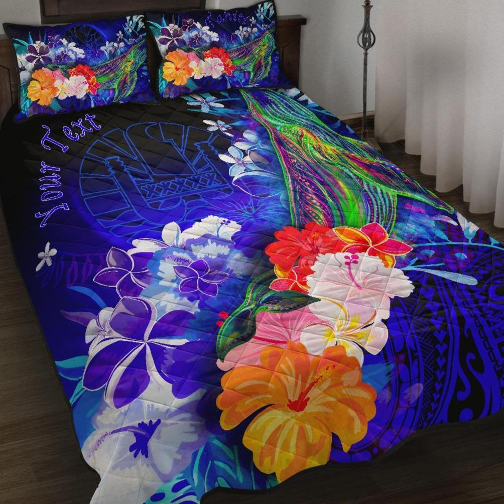 Tahiti Custom Personalised Quilt Bed Set – Humpback Whale with Tropical Flowers (Blue)- BN18