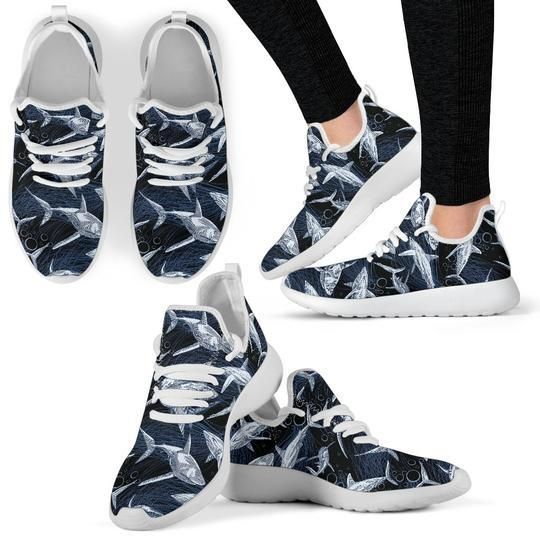 Shark Print Pattern Mesh Knit Sneakers Shoes For Women, Men