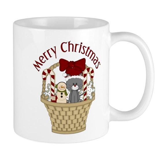 Christmas Cat And Candy Cane Basket Mug