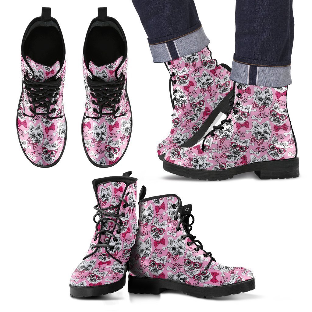 Yorkshire Terrier Dog Puppy Print Pattern Men Women Leather Boots Fashion Boots Custom Shoes