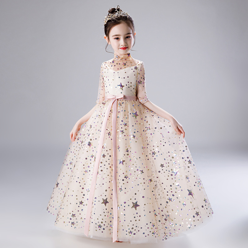 2019 New Retail Beauty Appliques Petal Princess Evening Prom Gown Long Dress With Stars Embroidery Cute Flower Girls Dress alx