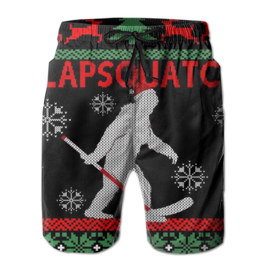 2 Pack Ugly Christmas Sweater Hockey Sasquatch Poster Men Swim Trunks Drawstring Elastic Waist Quick Dry Beach Shorts with Mesh Lining Swimwear Bathing Suits