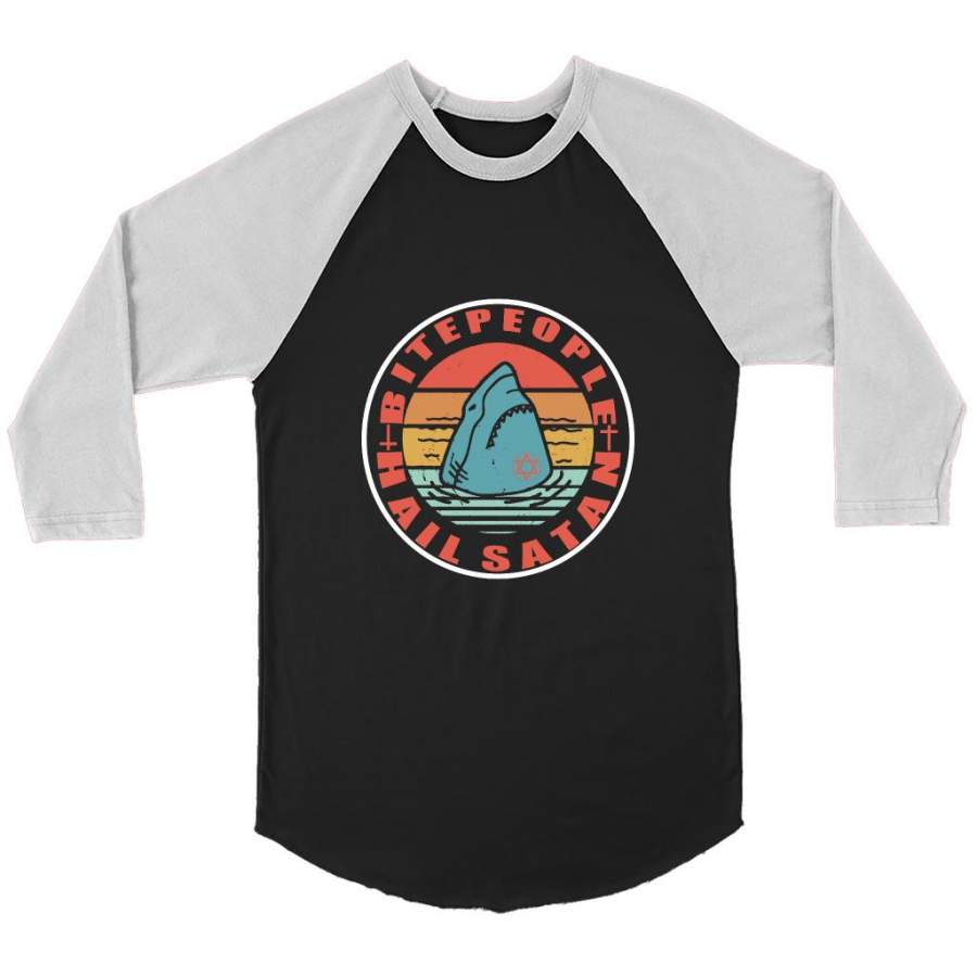 Bite People Hail Satan Shark Retro Vintage – Canvas 3/4 Raglan Shirt