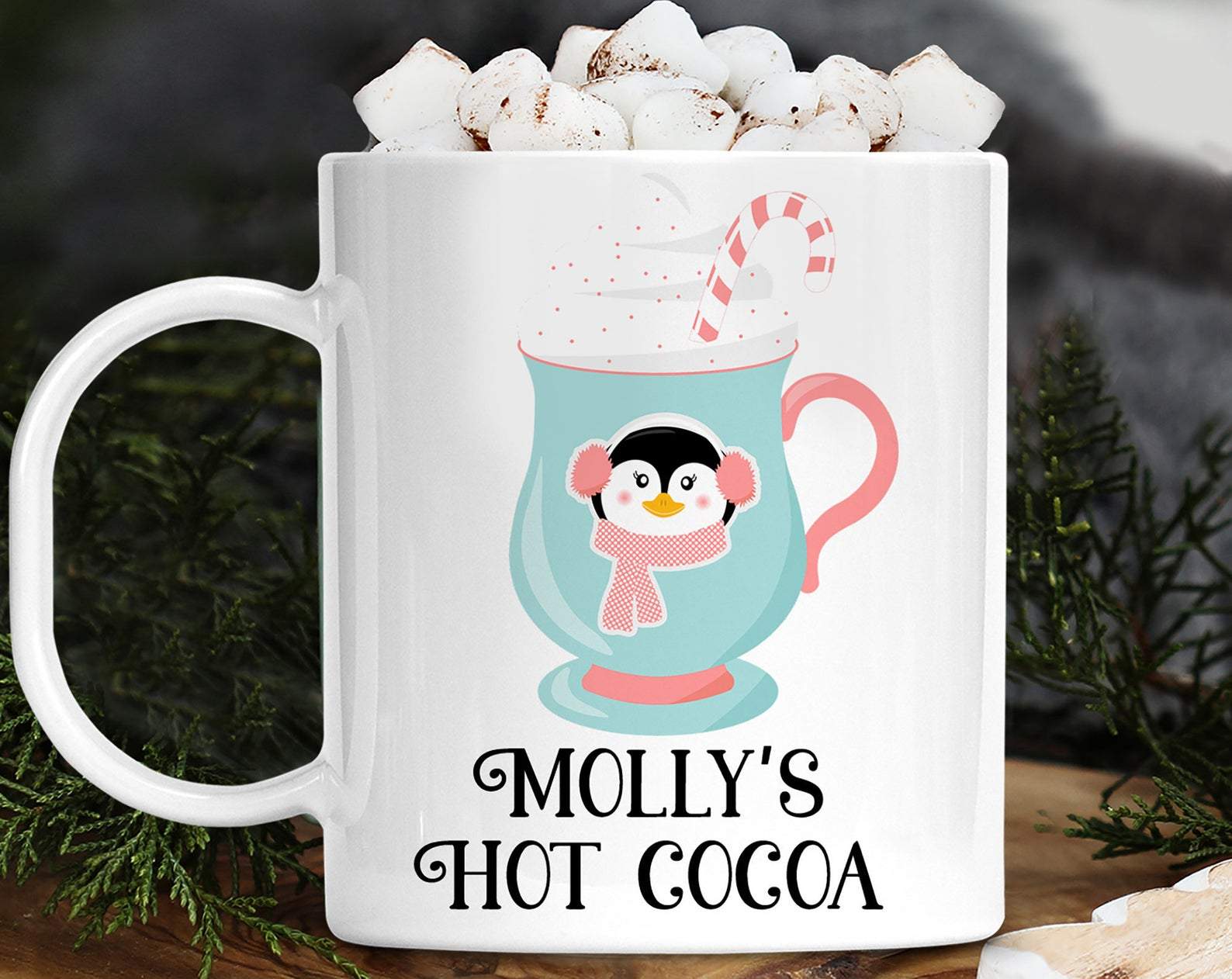 Pesonalized Name Kids Hot Cocoa With Christmas Penguin Unbreakable Kids Bpa Mug White Ceramic 11-15Oz Coffee Tea Cup