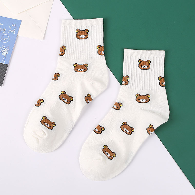 Spring Winter Women’s Cotton Tube Sokken Fashionable Bear Socks Cute Cartoon Candy Colors Female Socks Harajuku New Year Gift alx