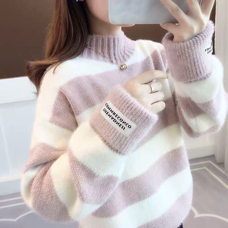 2022 Winter Thick Mink Fleece Stripe Sweater Women 5 Color Pullover Short Jumper Ladies Long Sleeve Half High Collar Tops Female alx